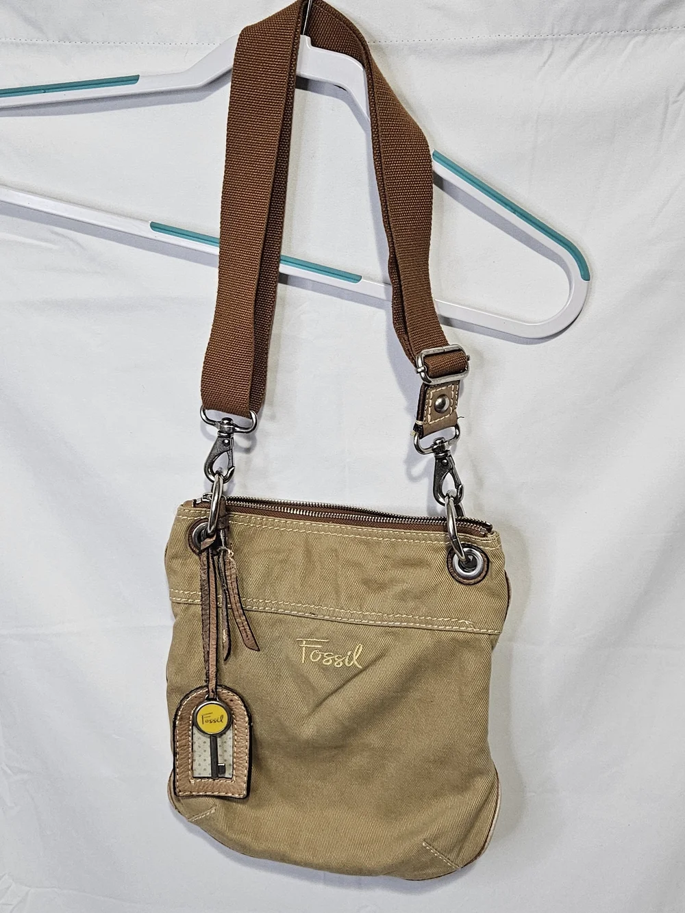Vintage Fossil Y2K Khaki Canvas Crossbody Utility Field Bag Leather Trm Boho 90s
